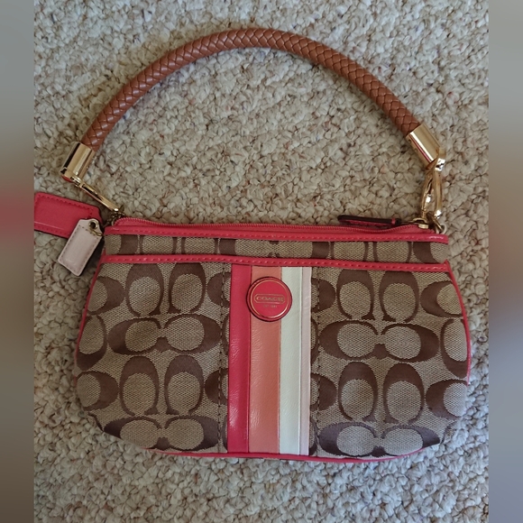 Coach Brown & Pink Signature Jacquard Canvas Clutch/Wristlet Shoulder Bag - Picture 1 of 13